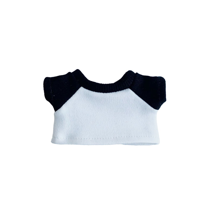 Plush Doll Raglan T-Shirt - A plush doll raglan t-shirt in white with black sleeves, featuring a rounded neck and short sleeves.