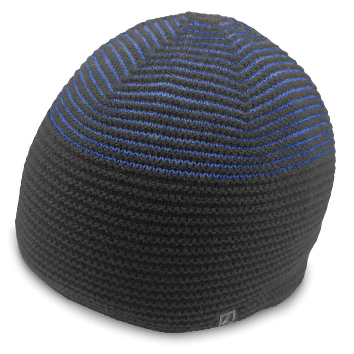 Ridge Beanie - A black beanie with blue stripes and a logo on the side, designed for headwear.