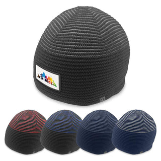 Ridge Beanie - A collection of beanies in various colours, featuring a logo on one side, with a textured knit design.