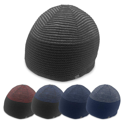 Ridge Beanie - A collection of beanies in various colours including black, navy, and striped patterns, with a logo on each.