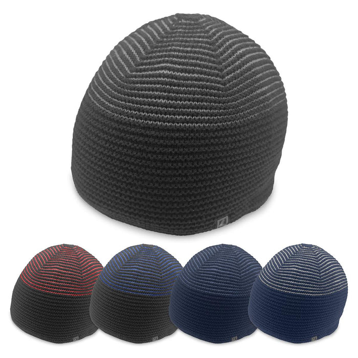 Ridge Beanie - A collection of beanies in various colours including black, navy, and striped patterns, with a logo on each.