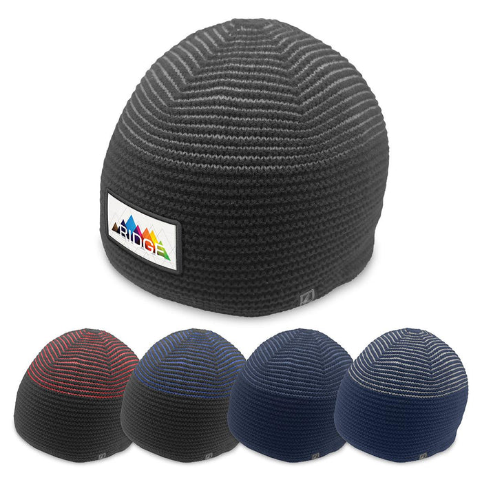 Ridge Beanie - A collection of beanies in various colours, featuring a logo on one side, with a textured knit design.