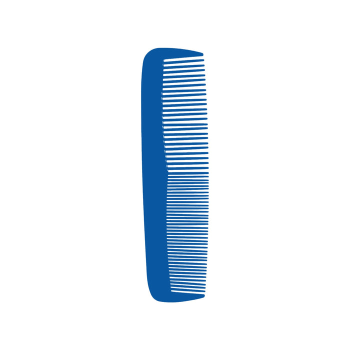Custom Blended-Tooth Comb - A blue, custom blended-tooth comb with a smooth handle and fine teeth, featuring a logo.