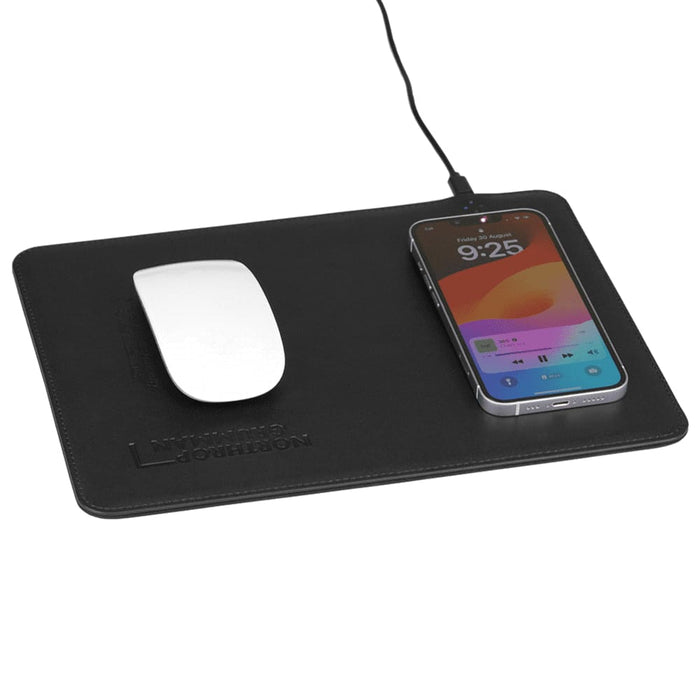 Wireless Charging Mouse Pad - A black wireless charging mouse pad with a white mouse and a smartphone connected via a cable.
