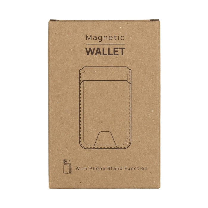 Magnetic Wallet w/ Phone Stand - A brown cardboard box featuring a magnetic wallet design with a phone stand function. The box includes a logo.
