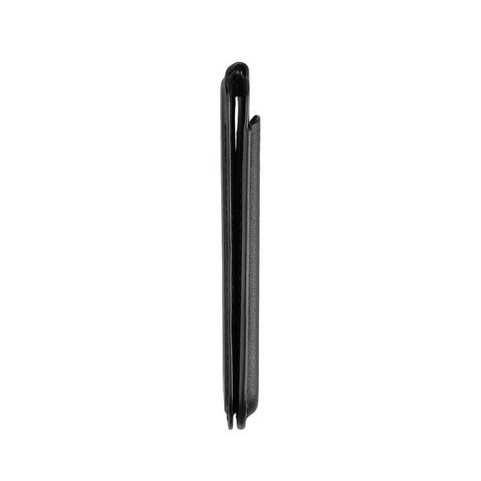 Magnetic Wallet w/ Phone Stand - A black magnetic wallet with a slim profile, designed to hold cards and function as a phone stand.