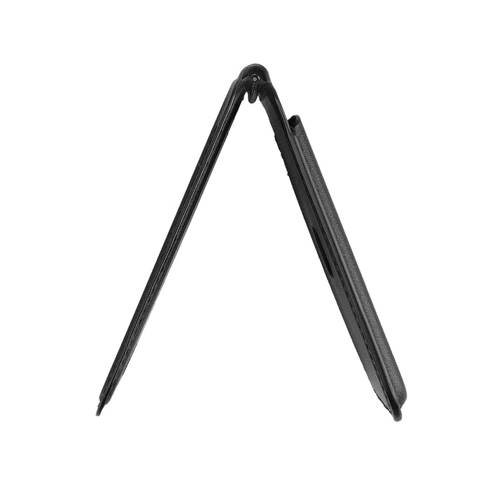 Magnetic Wallet w/ Phone Stand - A black magnetic wallet with a phone stand feature, positioned at an angle to display its shape and functionality.