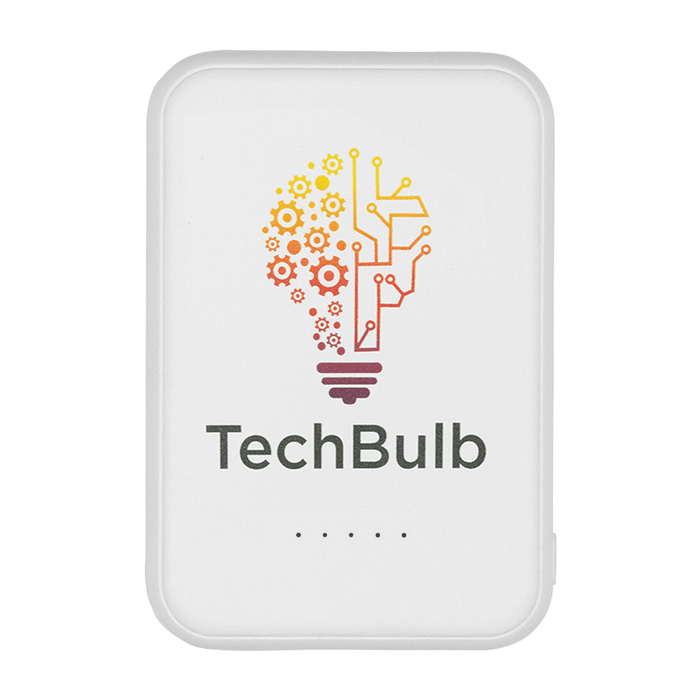 Magnetic Power Bank 5000 mAh - A white power bank with a colourful light bulb graphic and branding. Features a slim design for portability.