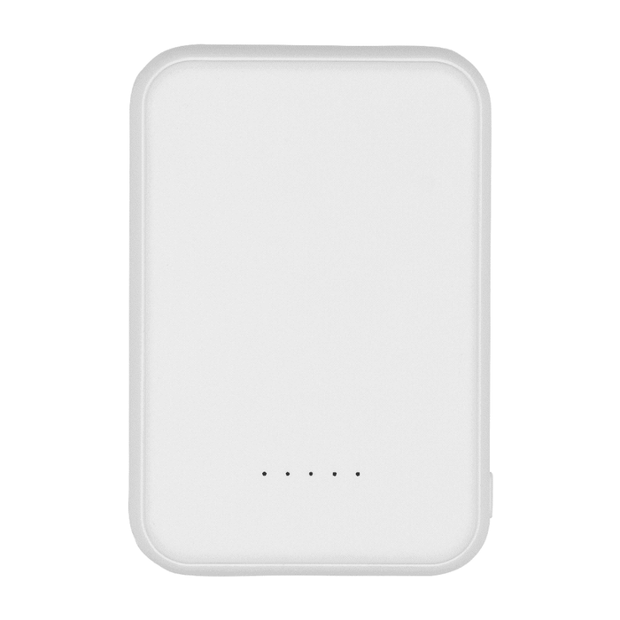 Magnetic Power Bank 5000 mAh - A white magnetic power bank with a sleek design and four indicator lights. It has a branding logo on the surface.