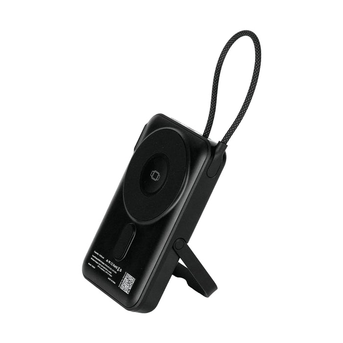 Eclipse Magnetic Power Bank 10000mAh - A black Eclipse Magnetic Power Bank with a stand and a strap, featuring a logo on the back.