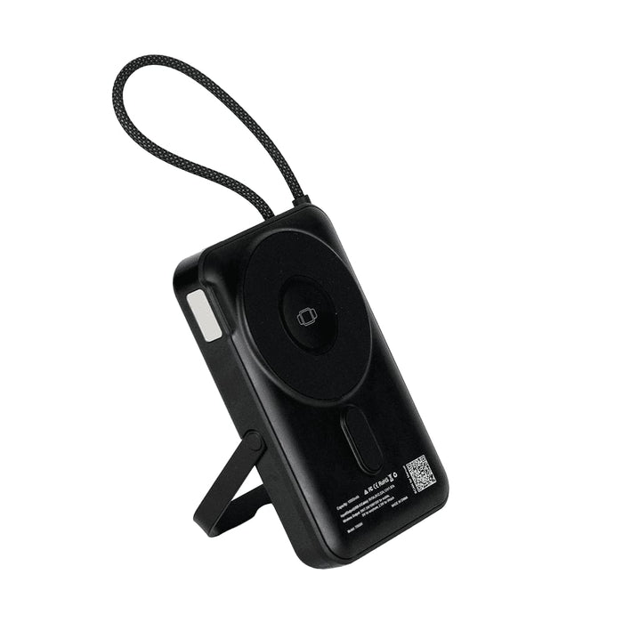 Eclipse Magnetic Power Bank 10000mAh - A black magnetic power bank with a strap, featuring a stand and branding. It has a smooth finish and compact design.
