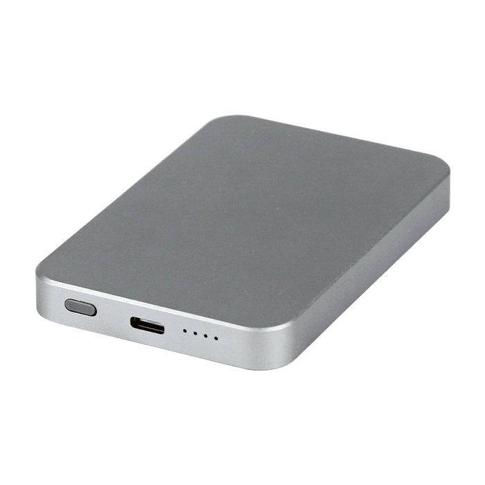 Quantum Pro Power Bank w/ Semi-Solid State Battery 5000mAh - A silver power bank with a semi-solid state battery, featuring USB ports and an indicator light.