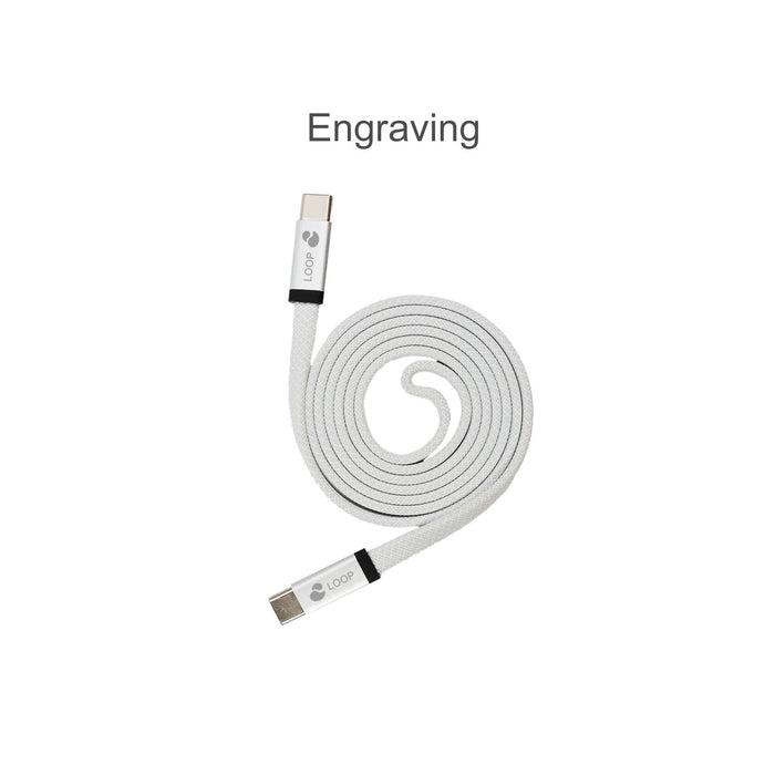 100W Magnetic Flat Braided Charging Cable - A flat braided charging cable in white, featuring a logo on one end and connecting ports on both ends.