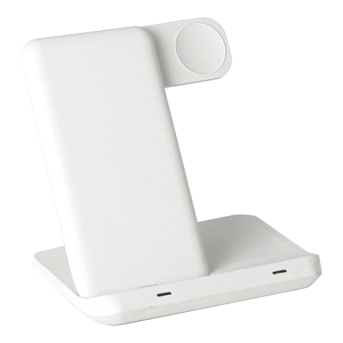 Axis 3 in 1 Wireless Charger - A white 3-in-1 wireless charger featuring a sleek, modern design with multiple charging surfaces and a logo.