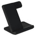 Axis 3 in 1 Wireless Charger - A black 3 in 1 wireless charger with a sleek standing design and a flat charging pad. It features a logo.