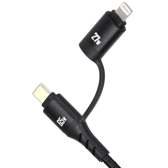 Night Mode Fast Charging Data Cable - A black fast charging data cable with USB-C and Lightning connectors, featuring a braided design and power ratings on the ends.