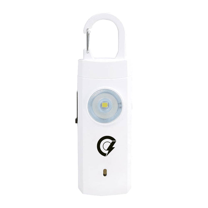Safety Alarm Keychain - A white safety alarm keychain featuring a round light and a carabiner clip, with a logo on the front.