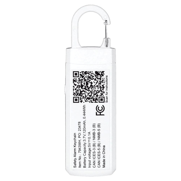 Safety Alarm Keychain - A white safety alarm keychain featuring a hook for attachment and a branding logo on one side.
