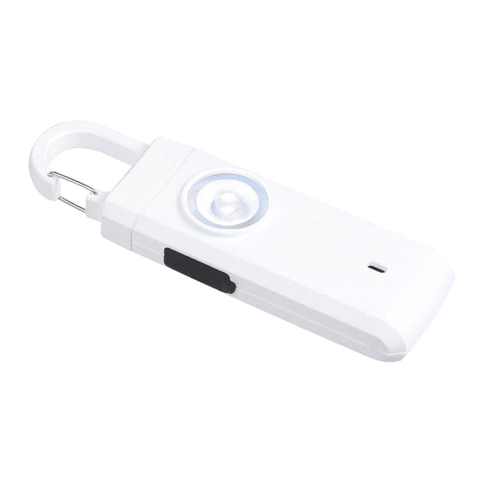 Safety Alarm Keychain - A white safety alarm keychain with a round button and a clip for attachment. It features a small speaker area.