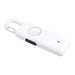 Safety Alarm Keychain - A white safety alarm keychain with a round button and a clip for attachment. It features a small speaker area.