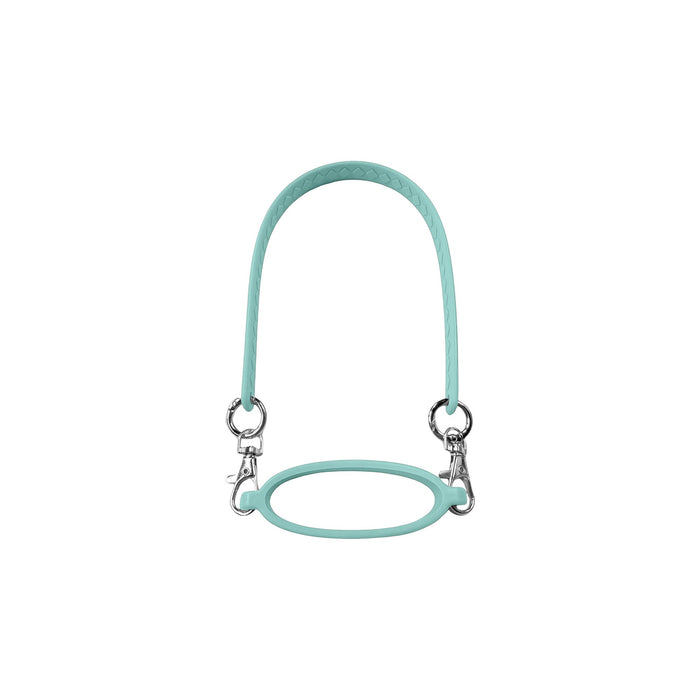 Silicone Cup Carry Strap - A drink bottle silicone cup carry strap in a light blue colour with silver clips on each end.
