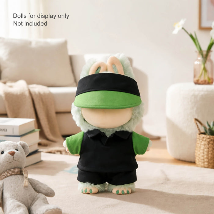 Plush Doll Racing Suit Set (15–17cm Doll) - A plush doll racing suit set in green and black, displayed on a soft rug with a teddy bear nearby.