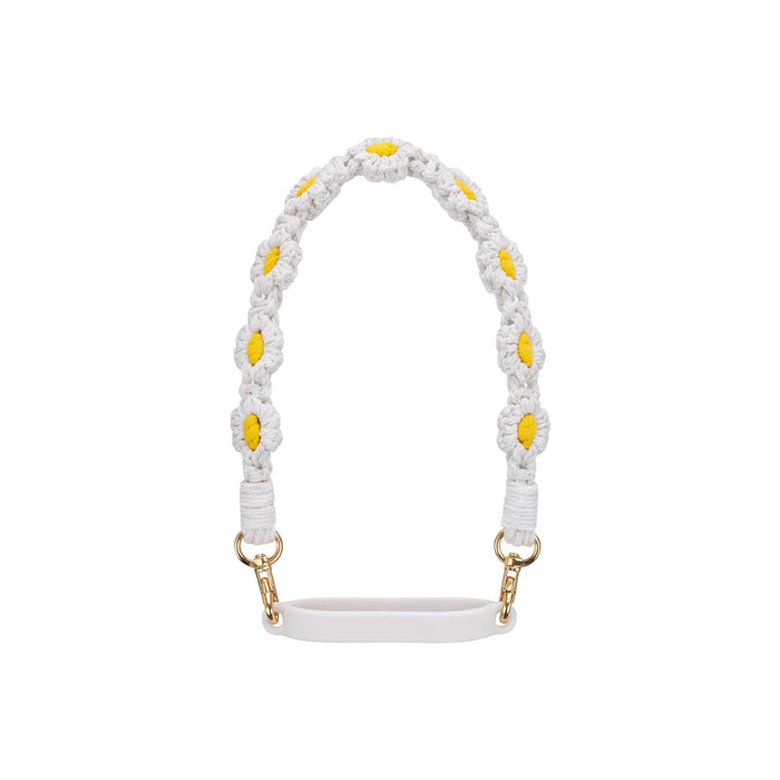Woven Flower Tumbler Strap - A drink bottle strap in white and yellow, featuring a woven flower design and gold attachments.