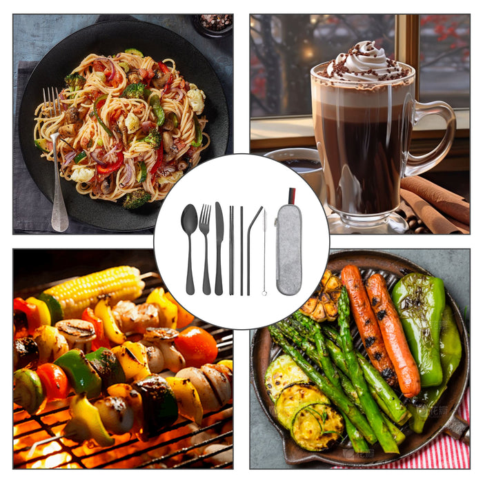 Stainless Steel Flatware Set 7pcs - A stainless steel flatware set with seven pieces, displayed alongside various dishes, including pasta, drinks, skewers, and vegetables.