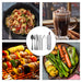 Stainless Steel Flatware Set 7pcs - A stainless steel flatware set with seven pieces, displayed alongside various dishes, including pasta, drinks, skewers, and vegetables.