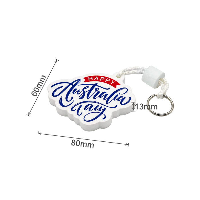 Full Colour Custom EVA Floating Keychain - A white custom EVA floating keychain featuring blue lettering and a decorative design, complete with a keyring attachment.