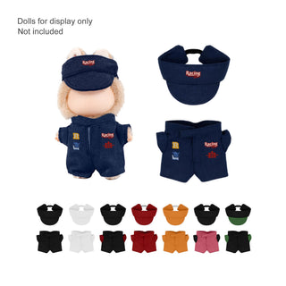 Plush Doll Racing Suit Set (10cm Doll) - A racing suit set for 10cm dolls, featuring a blue outfit and visor. Includes various coloured shorts and visors.
