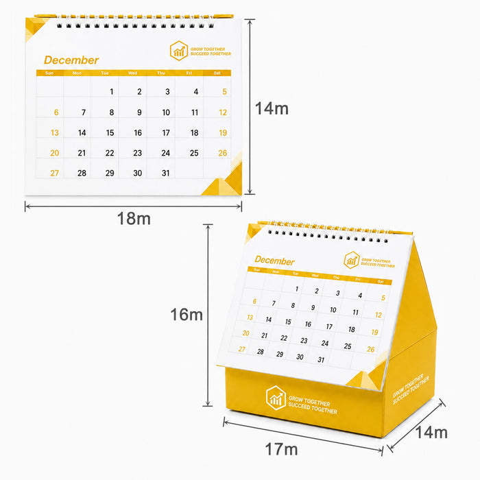 Desk Calendar With Organizer - A yellow desk calendar with an organiser, featuring a spiral top and a triangular base, displaying the month of December.