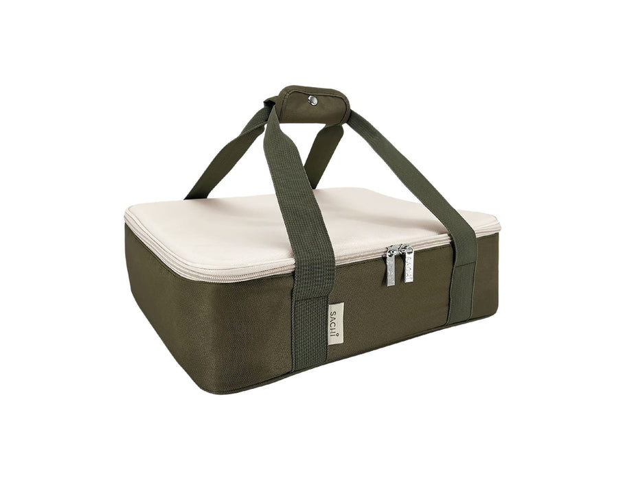 Sachi Insulated 'Cook & Carry' Bag XL - An olive green insulated bag with a cream lid and sturdy handles. It features a zip closure and a logo.