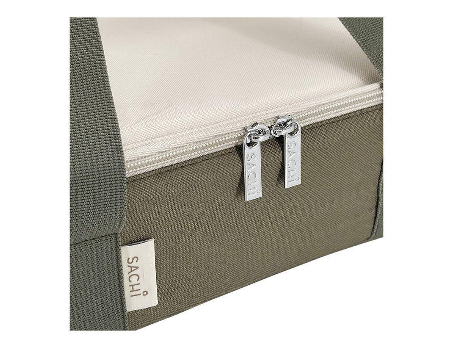 Sachi Insulated 'Cook & Carry' Bag XL - A zipped section of an olive green insulated bag with a branded tag and a light interior.