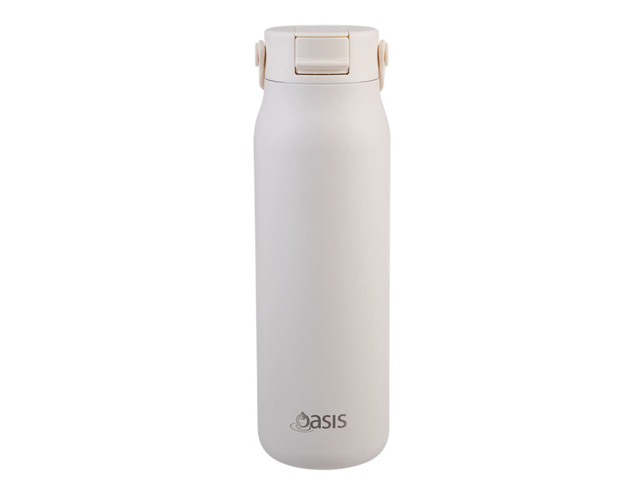 Oasis Sorrento 900ml Vacuum Sipper Bottle - A drink bottle in a soft cream colour with a secure lid and a logo on the side.