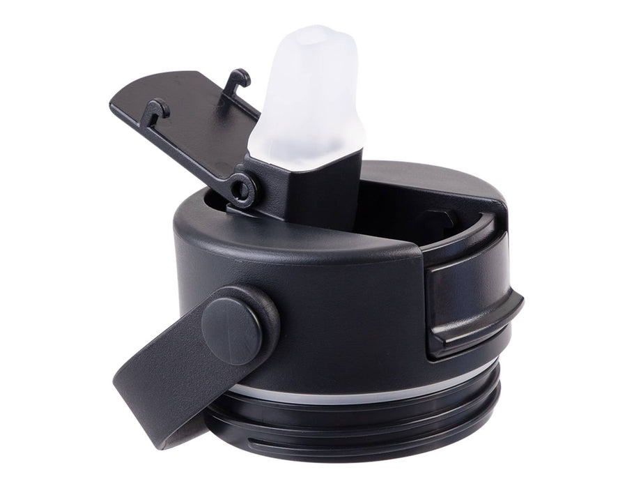 Oasis Sorrento 900ml Vacuum Sipper Bottle - A drink bottle lid featuring a spout design and a locking mechanism, in black colour. The cap is partially opened.