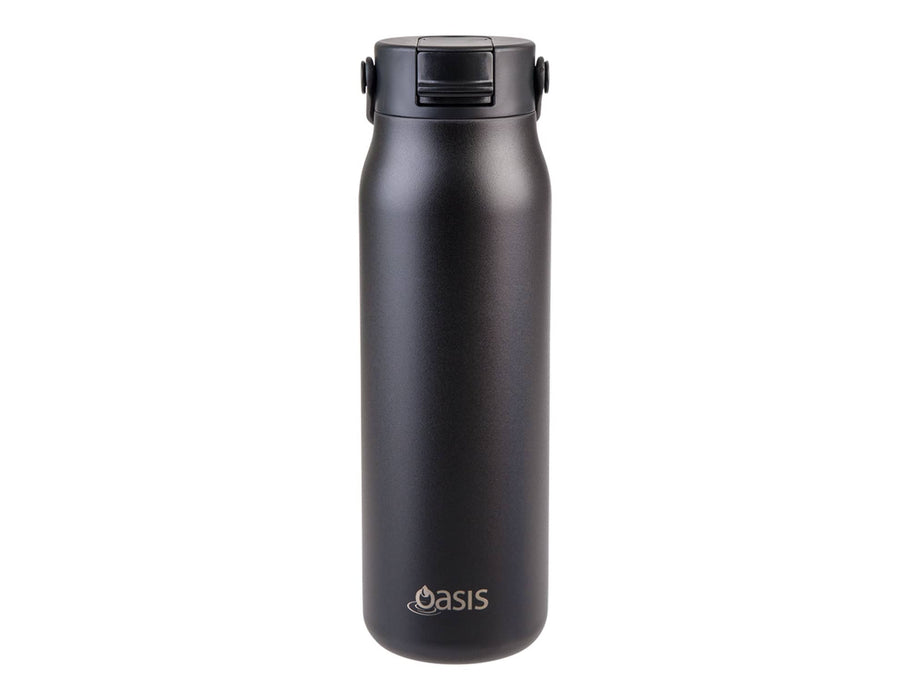 Oasis Sorrento 900ml Vacuum Sipper Bottle - A drink bottle featuring a sleek black design, equipped with a secure lid and a logo.