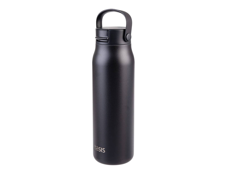 Oasis Sorrento 900ml Vacuum Sipper Bottle - A drink bottle in matte black with a secure lid and a carry handle, featuring a logo on the side.