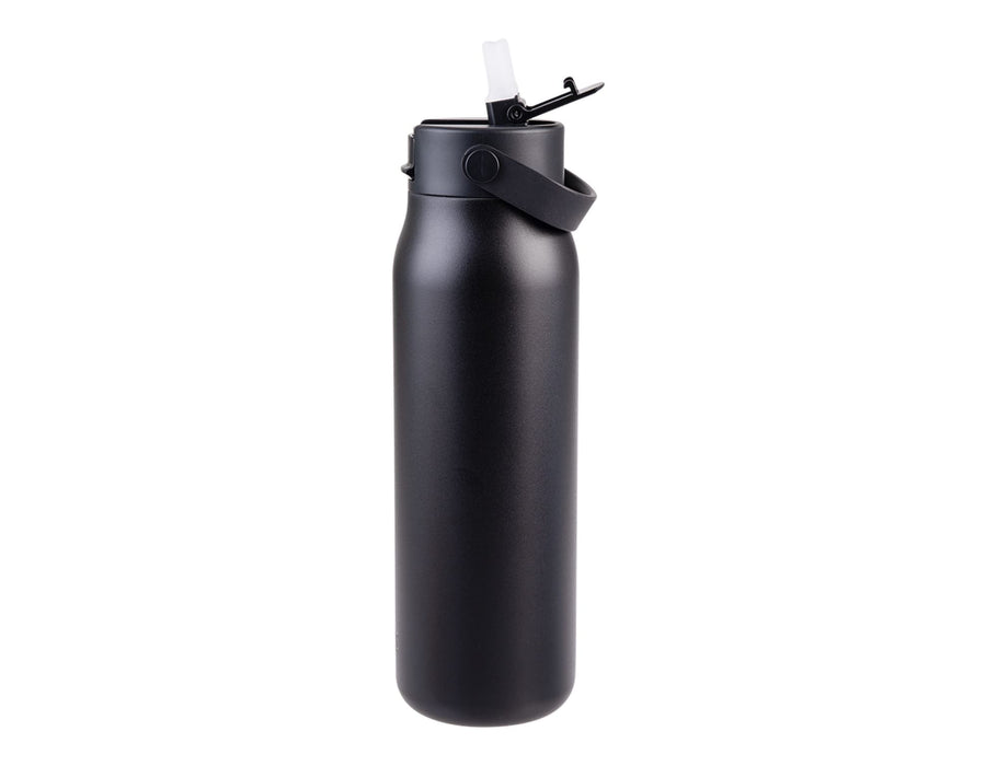 Oasis Sorrento 900ml Vacuum Sipper Bottle - A drink bottle in matte black with a flip-top lid and a carrying handle. It features a branding logo.
