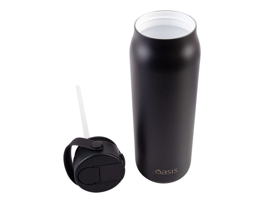 Oasis Sorrento 900ml Vacuum Sipper Bottle - A drink bottle in matte black with a removable lid and straw, featuring a logo on the side.
