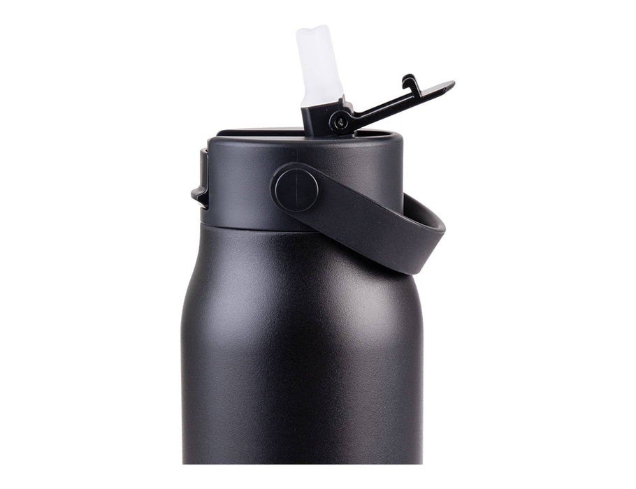 Oasis Sorrento 900ml Vacuum Sipper Bottle - A drink bottle in matte black with a flip-top lid and a carrying strap, featuring a discreet logo.