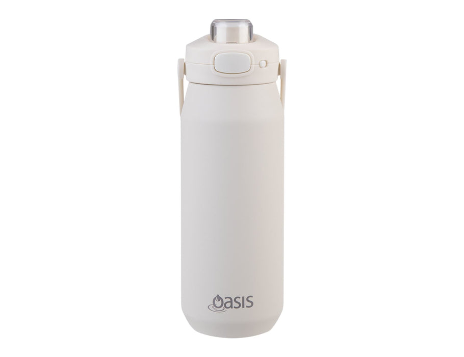 Oasis Capri 750ml Vacuum Quick Release Lid Bottle - A drink bottle in matte white with a quick release lid and a logo on the front.