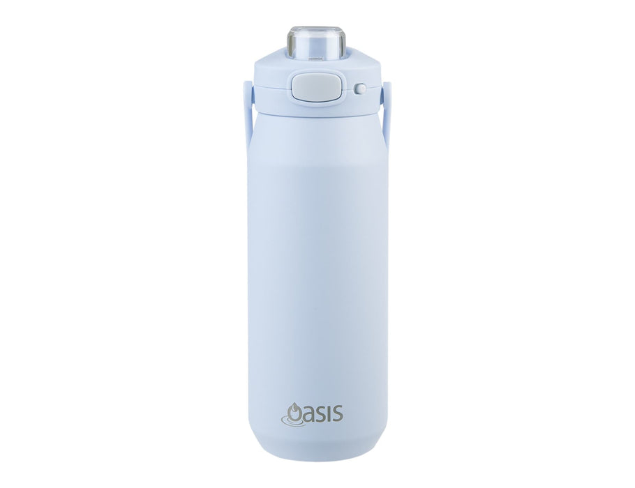 Oasis Capri 750ml Vacuum Quick Release Lid Bottle - A drink bottle in light blue with a vacuum quick release lid and a carrying handle, featuring a logo.