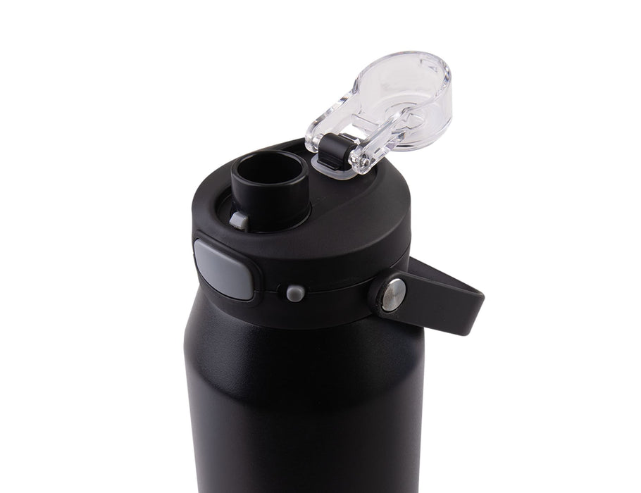 Oasis Capri 1L Vacuum Quick Release Lid Bottle - A drink bottle featuring a black, matte finish with a quick release lid and an attached spout for easy pouring.