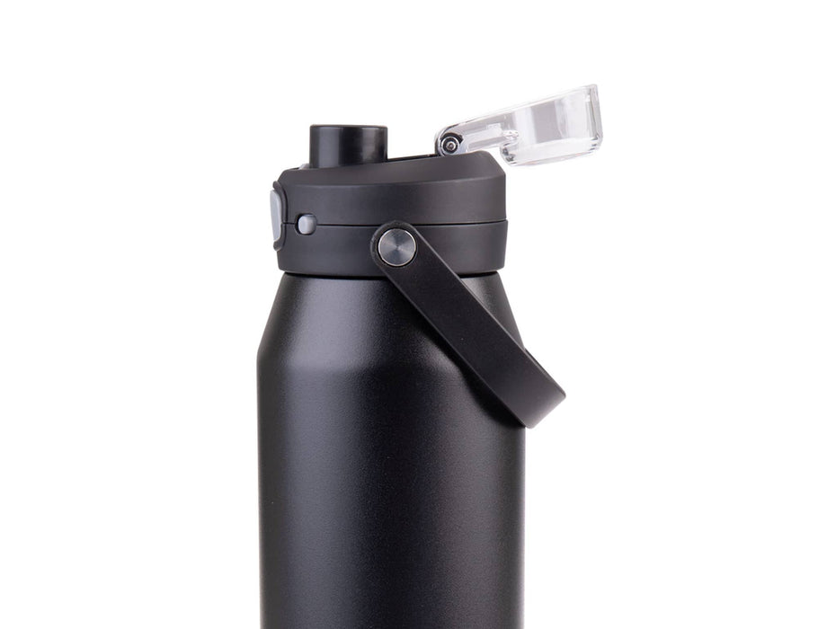 Oasis Capri 1L Vacuum Quick Release Lid Bottle - A drink bottle in matte black finish, featuring a vacuum quick release lid and a carrying handle, with a logo.