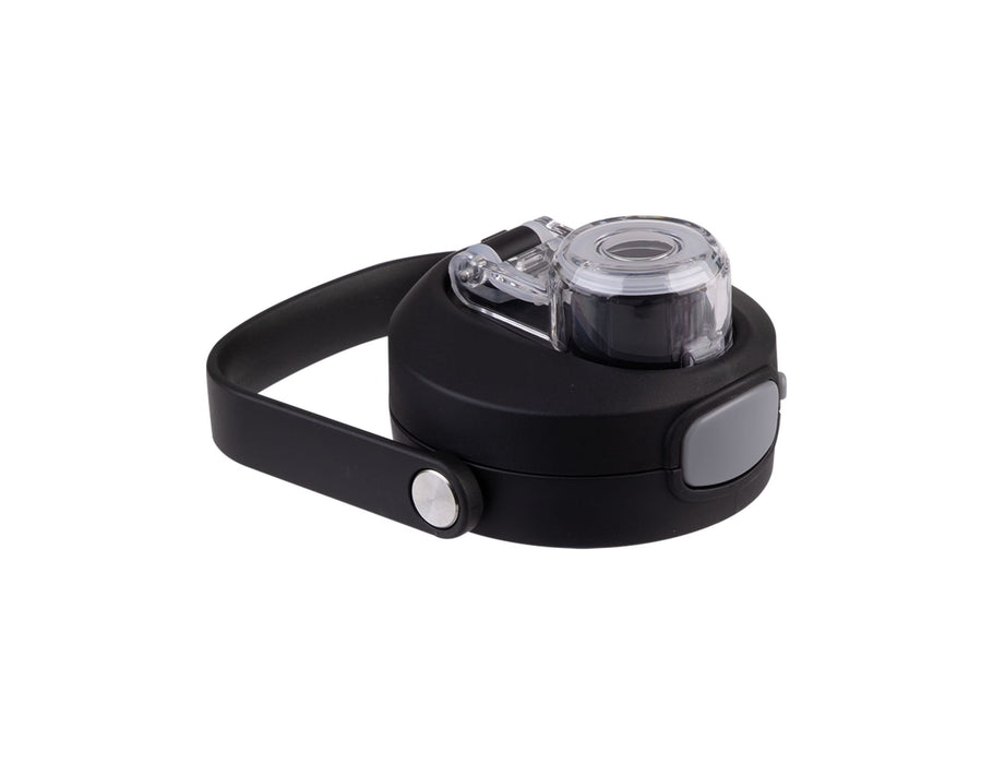 Oasis Capri 1L Vacuum Quick Release Lid Bottle - A drink bottle with a black body and clear quick-release lid, featuring a grey button and a strap.