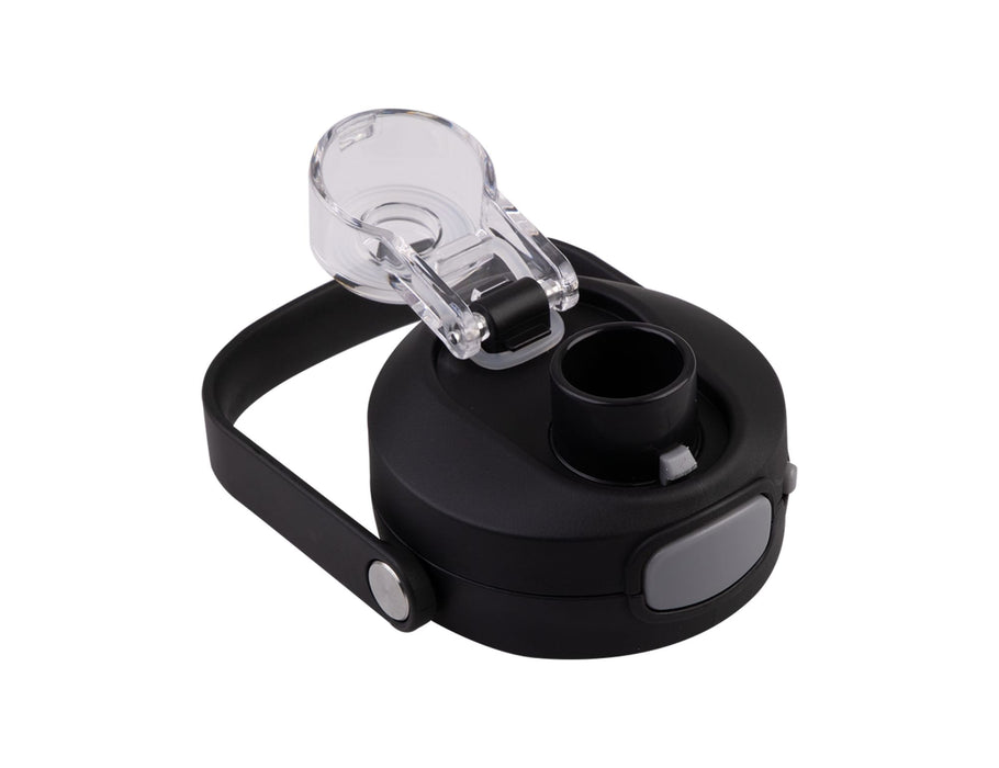 Oasis Capri 1L Vacuum Quick Release Lid Bottle - A drink bottle lid featuring a quick-release mechanism, predominantly black with a transparent section.