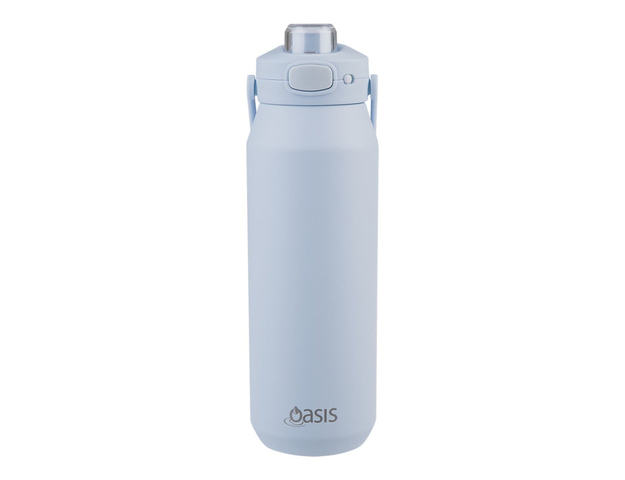 Oasis Capri 1L Vacuum Quick Release Lid Bottle - A drink bottle in pale blue with a vacuum quick release lid and a handle. Features an oval logo on the front.