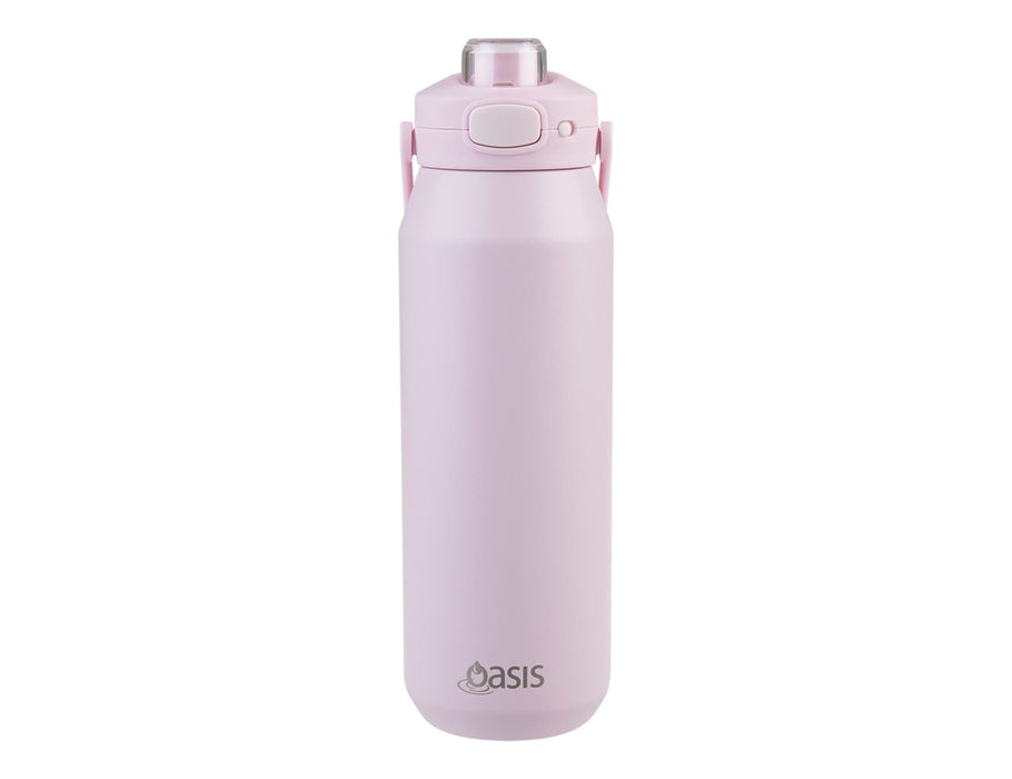 Oasis Capri 1L Vacuum Quick Release Lid Bottle - A drink bottle in pastel pink, featuring a quick release lid and a logo on the front.