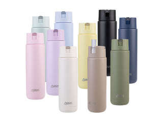 Oasis Moda 700ml Vacuum Bottle - A drink bottle collection featuring various colours, including pink, purple, yellow, black, beige, and green. Each has a logo.